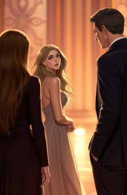 A scene depicting a woman with long, flowing hair wearing an elegant dress, gazing thoughtfully at the back of a man in a sharp suit on the right