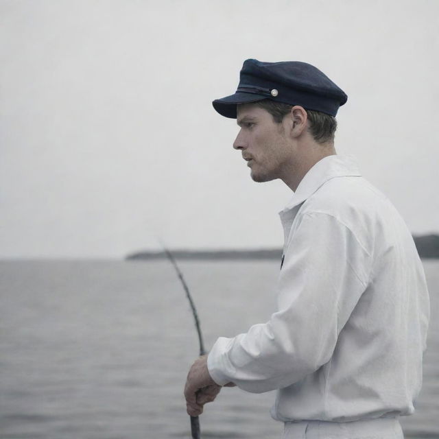 Revise the previous scene to show the sailor looking out onto the ocean, holding a fishing rod and focussing intently on the waters below. His face reflects anticipation and patience.