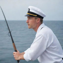 Revise the previous scene to show the sailor looking out onto the ocean, holding a fishing rod and focussing intently on the waters below. His face reflects anticipation and patience.