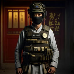 A Hollywood-style kidnapper commander dressed in traditional Chinese attire accessorized with a bullet-proof vest, creating a striking contrast between cultural heritage and threat.