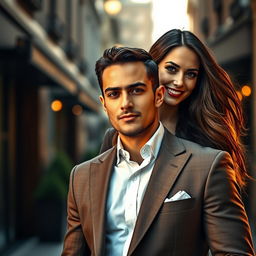 A stylish composition with a confident man in a tailored suit standing in the foreground, exuding charisma and sophistication