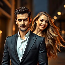 A stylish composition with a confident man in a tailored suit standing in the foreground, exuding charisma and sophistication