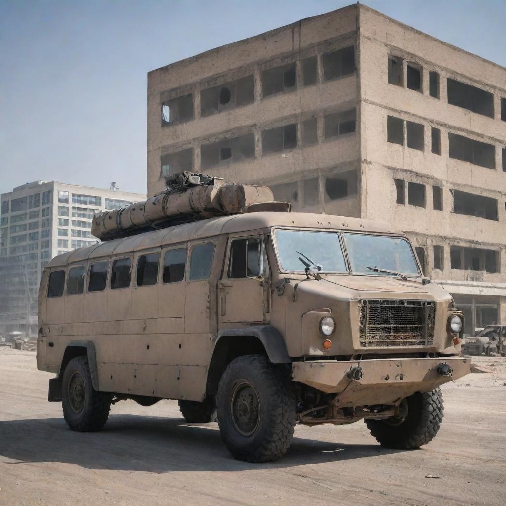 A heavily armored and customized bus, retrofitted with powerful anti-tank weaponry, stationed on a deserted urban landscape with desolate buildings in the background.