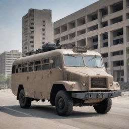 A heavily armored and customized bus, retrofitted with powerful anti-tank weaponry, stationed on a deserted urban landscape with desolate buildings in the background.