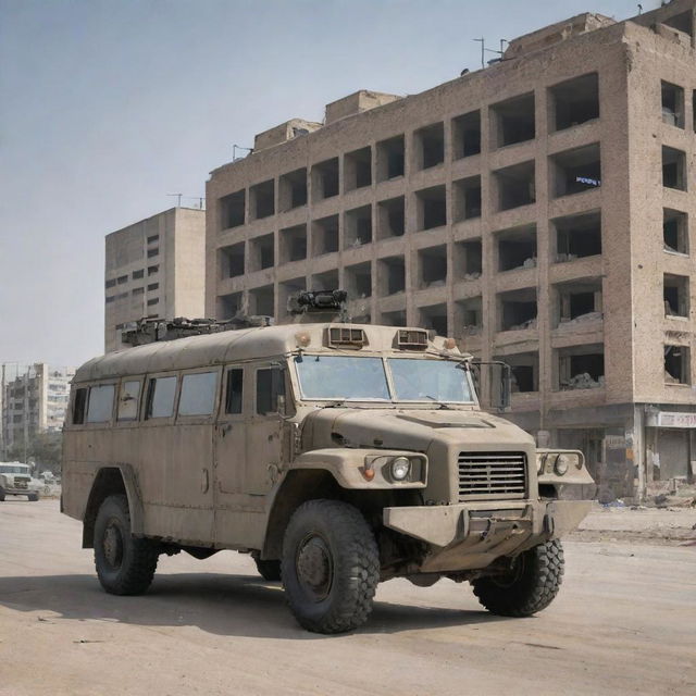 A heavily armored and customized bus, retrofitted with powerful anti-tank weaponry, stationed on a deserted urban landscape with desolate buildings in the background.