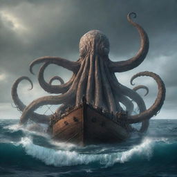 Amend the scene to show a giant Kraken surfacing from the depths of the ocean. Its large tentacles reach skyward, dwarfing the sailor's boat, creating a scene of suspense and drama.