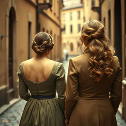 A woman in a vintage dress looking at the back of a man in a classic suit from a bygone era and the back of a long-haired woman with a flowing, elegant hairstyle