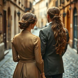 A woman in a vintage dress looking at the back of a man in a classic suit from a bygone era and the back of a long-haired woman with a flowing, elegant hairstyle