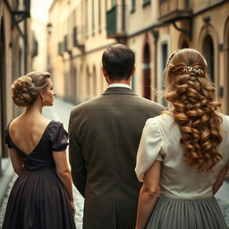 A woman in a vintage dress looking at the back of a man in a classic suit from a bygone era and the back of a long-haired woman with a flowing, elegant hairstyle