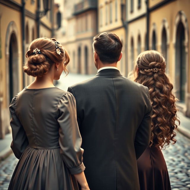 A woman in a vintage dress looking at the back of a man in a classic suit from a bygone era and the back of a long-haired woman with a flowing, elegant hairstyle