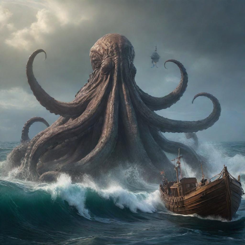 Amend the scene to show a giant Kraken surfacing from the depths of the ocean. Its large tentacles reach skyward, dwarfing the sailor's boat, creating a scene of suspense and drama.