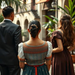 A woman in the middle dressed in traditional Filipino attire, looking at the back of a man in a classic suit and the back of a long-haired woman in a vintage-style dress
