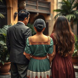 A woman in the middle dressed in traditional Filipino attire, looking at the back of a man in a classic suit and the back of a long-haired woman in a vintage-style dress