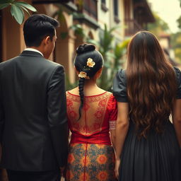 A woman in the middle dressed in traditional Filipino attire, looking at the back of a man in a classic suit and the back of a long-haired woman in a vintage-style dress
