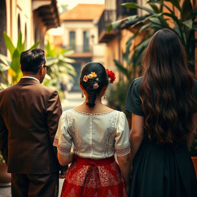 A woman in the middle dressed in traditional Filipino attire, looking at the back of a man in a classic suit and the back of a long-haired woman in a vintage-style dress