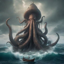 Amend the scene to show a giant Kraken surfacing from the depths of the ocean. Its large tentacles reach skyward, dwarfing the sailor's boat, creating a scene of suspense and drama.