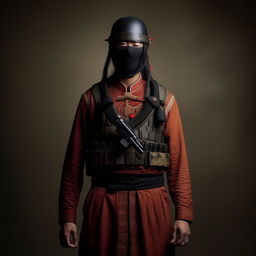 A Hollywood-style kidnapper commander dressed in traditional Chinese attire accessorized with a bullet-proof vest, creating a striking contrast between cultural heritage and threat.