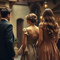 A woman in the middle, dressed in a vintage gown, gazing at the back of a man in a formal suit and the back of a long-haired woman in a flowing classic dress