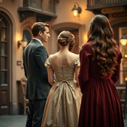 A woman in the middle, dressed in a vintage gown, gazing at the back of a man in a formal suit and the back of a long-haired woman in a flowing classic dress
