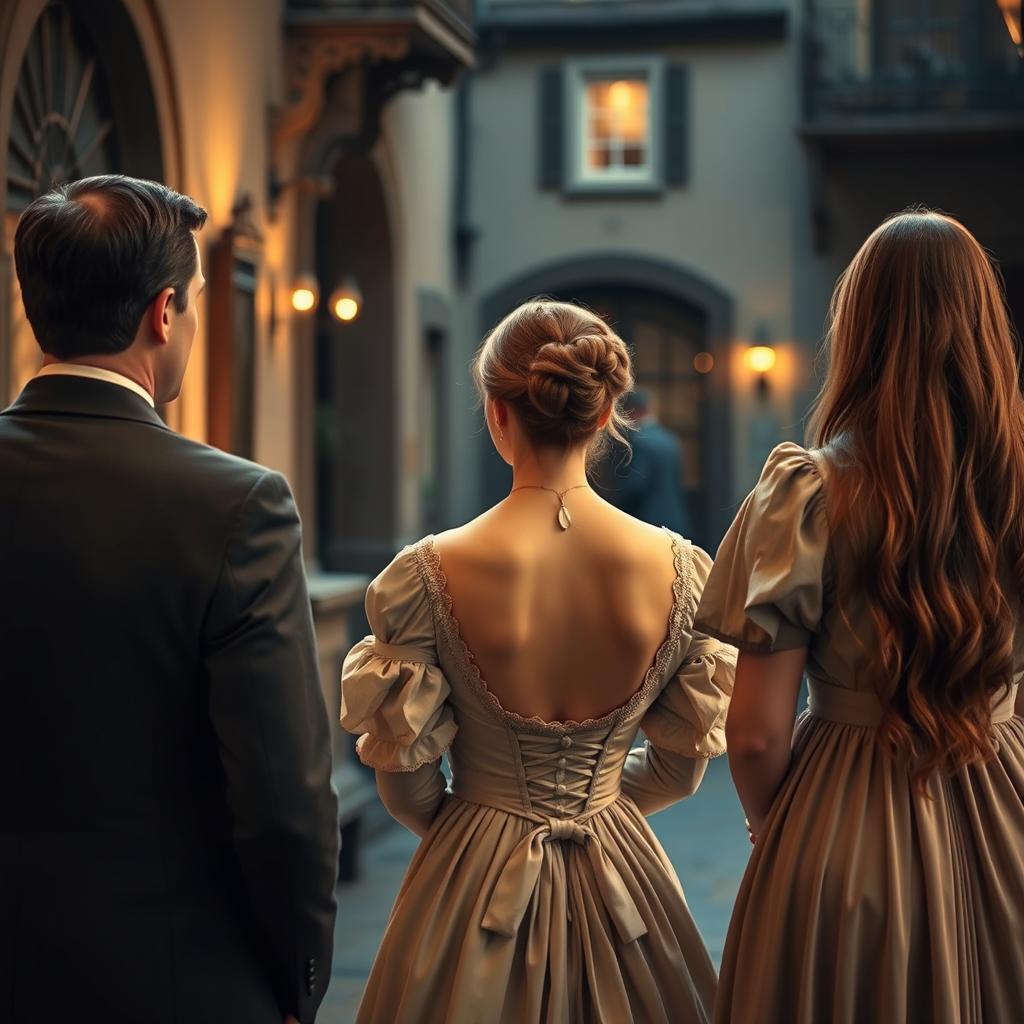 A woman in the middle, dressed in a vintage gown, gazing at the back of a man in a formal suit and the back of a long-haired woman in a flowing classic dress