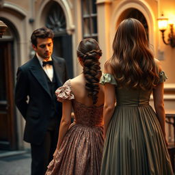 A woman in the middle, dressed in a vintage gown, gazing at the back of a man in a formal suit and the back of a long-haired woman in a flowing classic dress