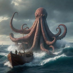 Amend the scene to show a giant Kraken surfacing from the depths of the ocean. Its large tentacles reach skyward, dwarfing the sailor's boat, creating a scene of suspense and drama.