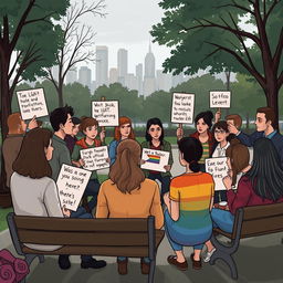 A thought-provoking illustration depicting a critical perspective on societal discussions surrounding LGBT issues, showcasing a diverse group of people engaging in a respectful debate