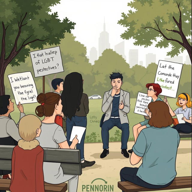 A thought-provoking illustration depicting a critical perspective on societal discussions surrounding LGBT issues, showcasing a diverse group of people engaging in a respectful debate