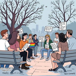 A thought-provoking illustration depicting a critical perspective on societal discussions surrounding LGBT issues, showcasing a diverse group of people engaging in a respectful debate