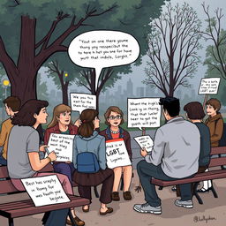 A thought-provoking illustration depicting a critical perspective on societal discussions surrounding LGBT issues, showcasing a diverse group of people engaging in a respectful debate