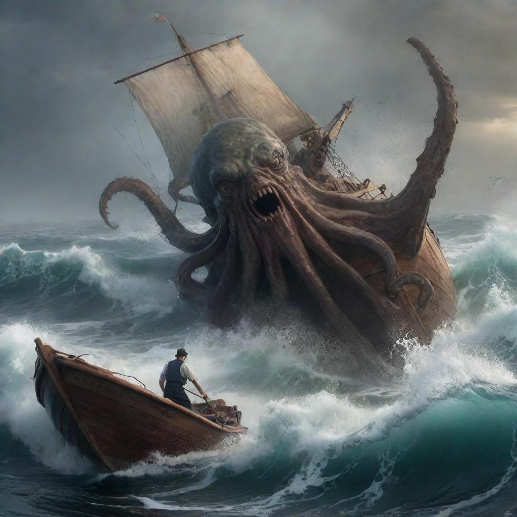 Alter the image to depict the sailor in a state of alarm as he scurries around his boat attempting to escape. The ocean around him churns violently as the Kraken looms large in the background.