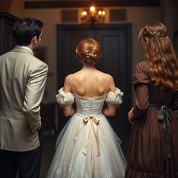 A woman in the middle, dressed in a beautiful vintage gown, thoughtfully choosing between the back of a man in a classic suit on one side and the back of a long-haired woman in an elegant antique dress on the other