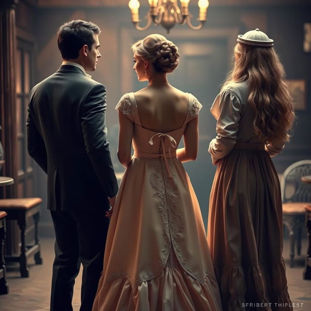 A woman in the middle, dressed in a beautiful vintage gown, thoughtfully choosing between the back of a man in a classic suit on one side and the back of a long-haired woman in an elegant antique dress on the other