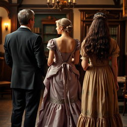 A woman in the middle, dressed in a beautiful vintage gown, thoughtfully choosing between the back of a man in a classic suit on one side and the back of a long-haired woman in an elegant antique dress on the other