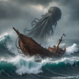 Alter the image to depict the sailor in a state of alarm as he scurries around his boat attempting to escape. The ocean around him churns violently as the Kraken looms large in the background.