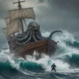 Alter the image to depict the sailor in a state of alarm as he scurries around his boat attempting to escape. The ocean around him churns violently as the Kraken looms large in the background.