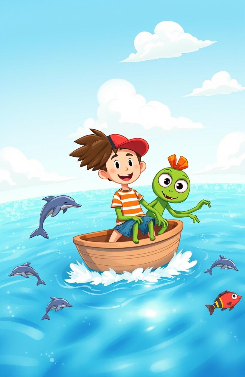 A whimsical illustration depicting Max and Zog on a small boat traveling across a narrow, sparkling blue sea