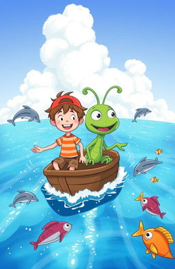 A whimsical illustration depicting Max and Zog on a small boat traveling across a narrow, sparkling blue sea
