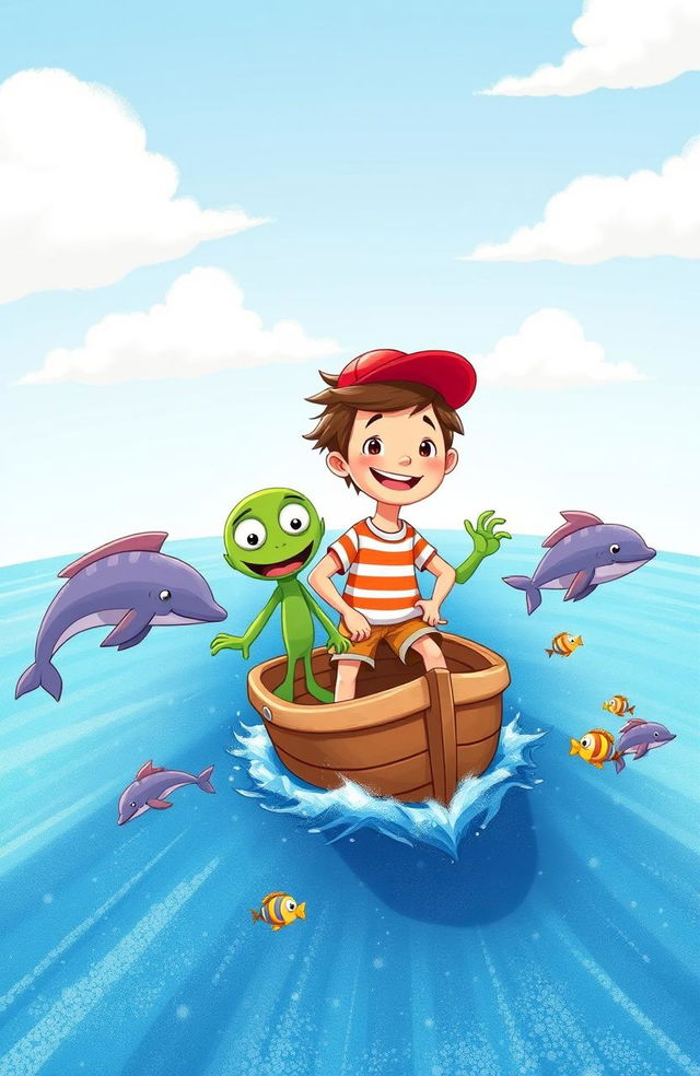 A whimsical illustration depicting Max and Zog on a small boat traveling across a narrow, sparkling blue sea