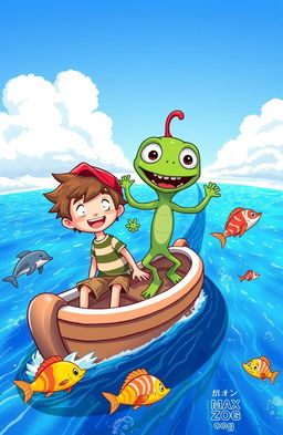 A whimsical illustration depicting Max and Zog on a small boat traveling across a narrow, sparkling blue sea