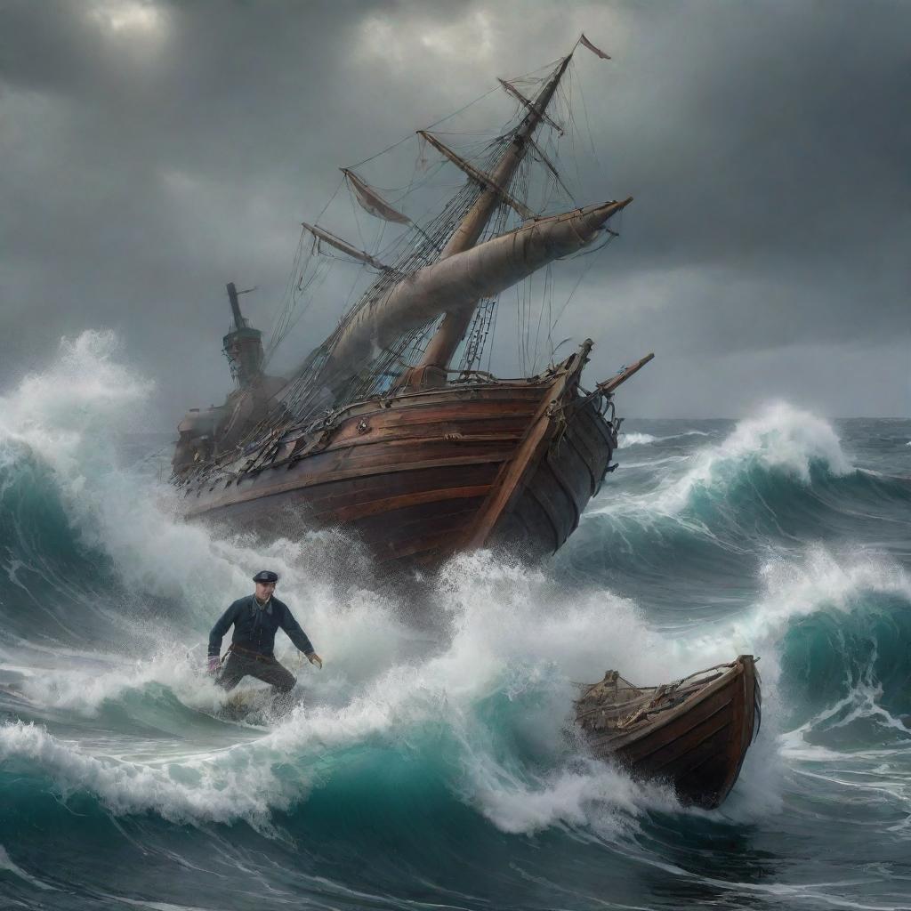 Alter the image to depict the sailor in a state of alarm as he scurries around his boat attempting to escape. The ocean around him churns violently as the Kraken looms large in the background.