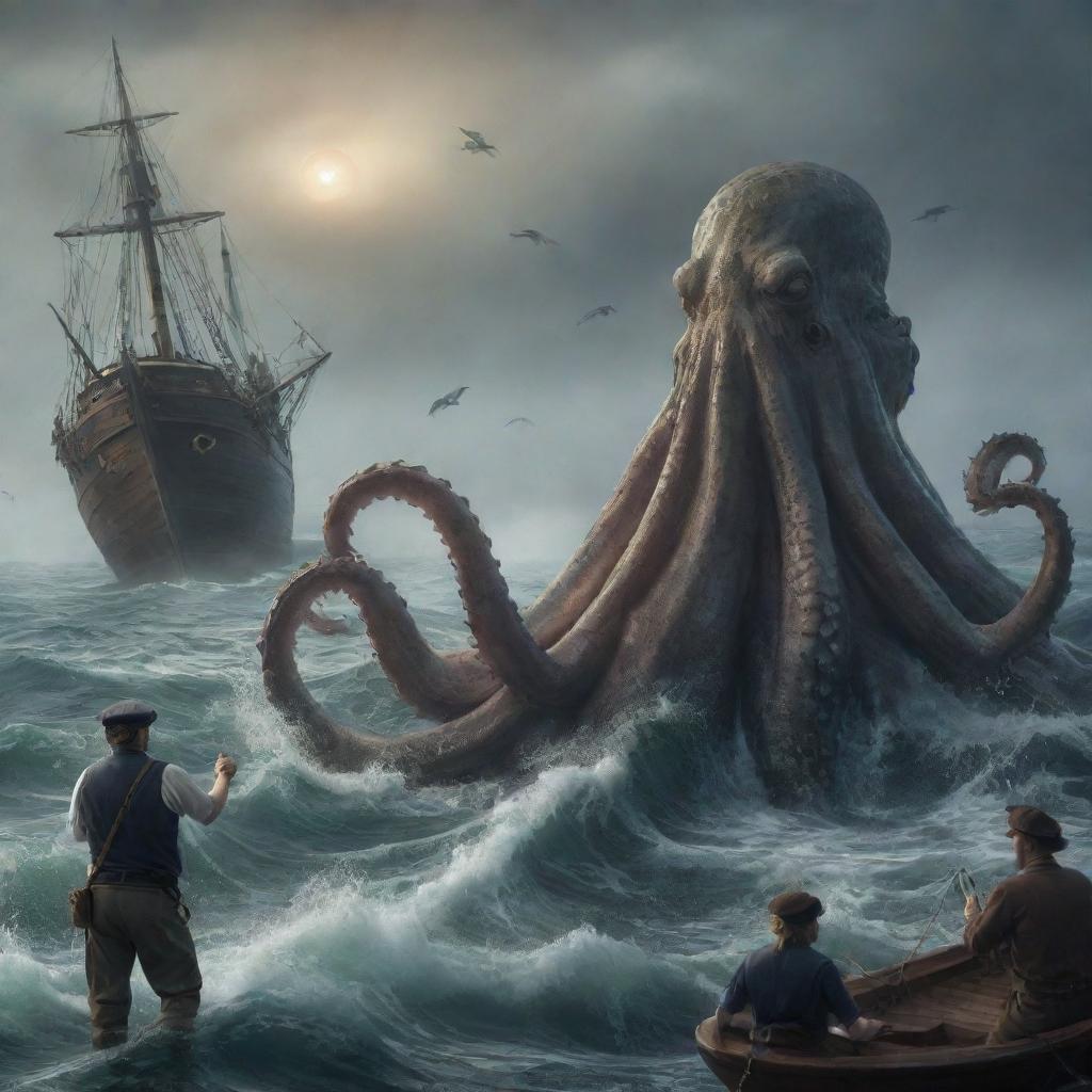 Modify the image to represent an unexpected scene. The Kraken, instead of being a threat, is gently offering a bounty of fish to the astonished sailor. The atmosphere suddenly shifts from fear to surprise and relief.