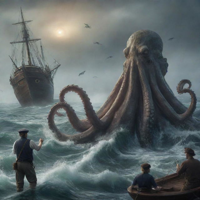 Modify the image to represent an unexpected scene. The Kraken, instead of being a threat, is gently offering a bounty of fish to the astonished sailor. The atmosphere suddenly shifts from fear to surprise and relief.