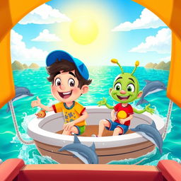 A vibrant and whimsical scene of Max and Zog on a small boat navigating the Narrow Sea