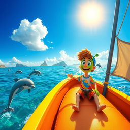 A vibrant and whimsical scene of Max and Zog on a small boat navigating the Narrow Sea