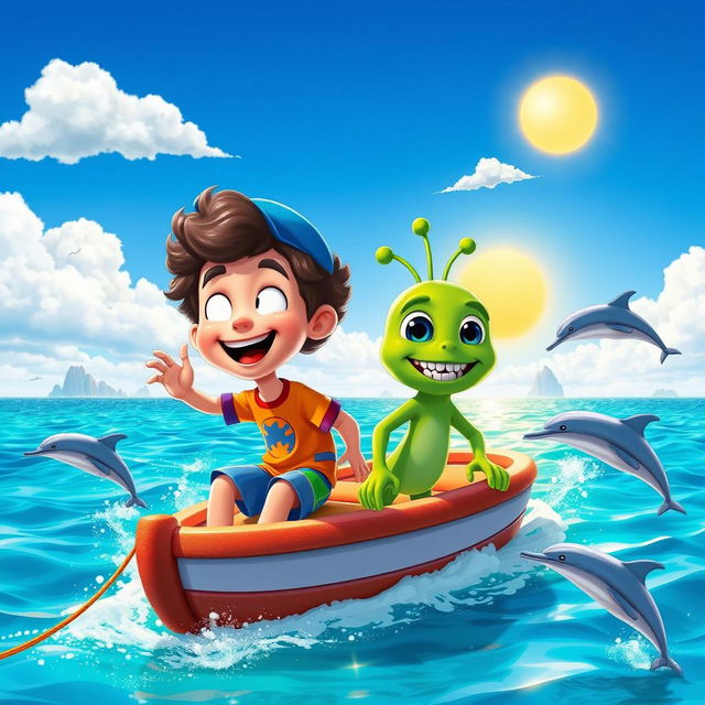 A vibrant and whimsical scene of Max and Zog on a small boat navigating the Narrow Sea