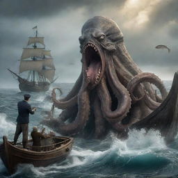 Modify the image to represent an unexpected scene. The Kraken, instead of being a threat, is gently offering a bounty of fish to the astonished sailor. The atmosphere suddenly shifts from fear to surprise and relief.