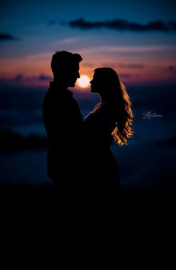 A beautifully composed scene depicting two lovers embracing during a dark dawn