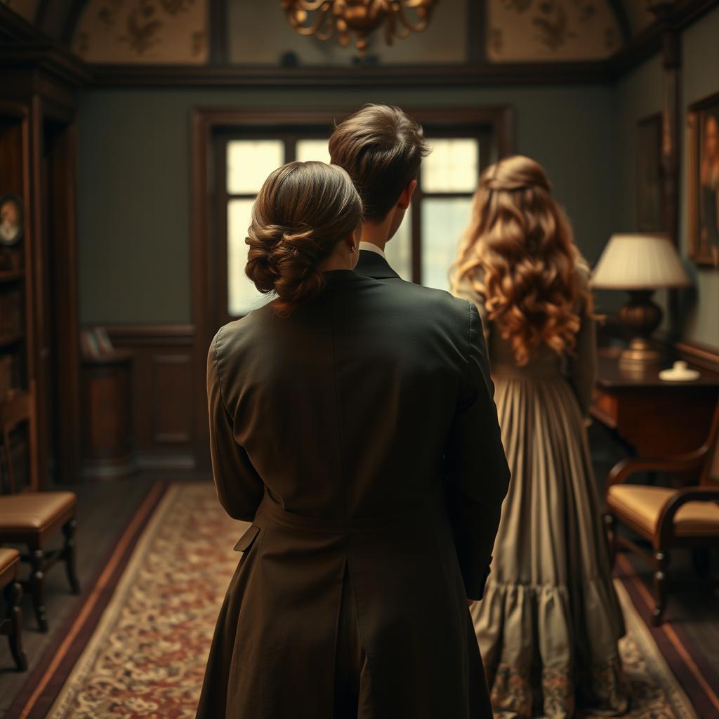 A woman positioned at the front, elegantly choosing between the back of a man in a tailored suit and the back of a long-haired woman in a flowing vintage dress