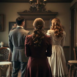 A woman positioned at the front, elegantly choosing between the back of a man in a tailored suit and the back of a long-haired woman in a flowing vintage dress